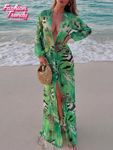 Women Vintage Green Print Dress Loose V-neck Waist-cinching Long Sleeve Print Maxi Dresses Tropicsal Summer Outing Gown 2026 New