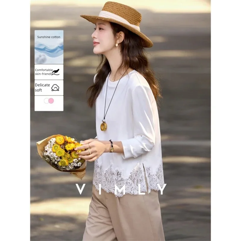VIMLY Women‘s Casual T Shirts 2026 Spring New Fashion Round Neck Contrast Lace Trim Versatile Loose Fit Long Sleeve Top A3980