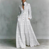 Retro Pattern Print High Waist Pleated Dress Woman Spring Shirt Collar Button Pockets Maxi Dress Long Sleeve Boho Vacation Dress