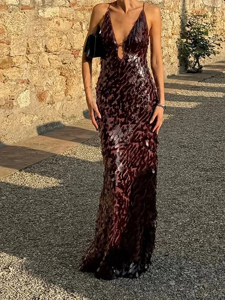 Women Solid Sequin Sling Maxi Dress Fashion V-neck Sleeveless High Waist Backless Dresses New Summer Vacation Party Robes 2025