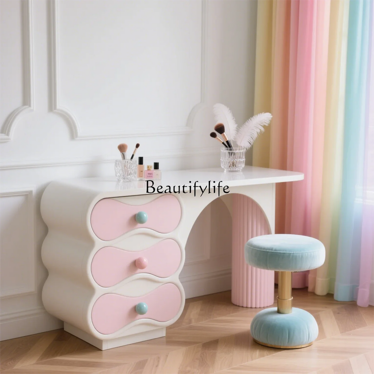 XX39New cream style pink solid wood chest integrated bedroom makeup table storage cabinet