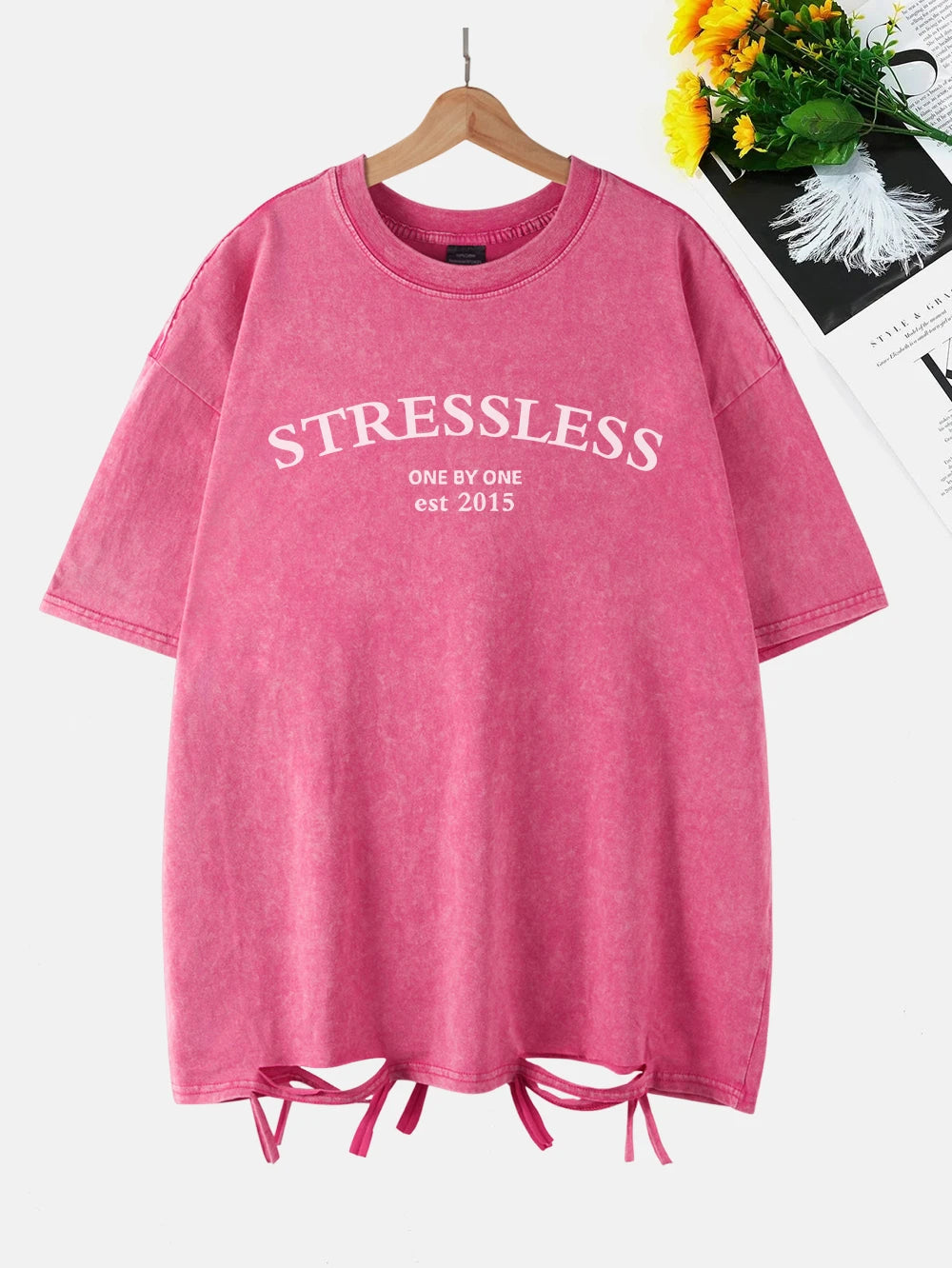 Stressless Letter Printing Washed T-Shirt Women Cottont Shirts O-Neck Oversized Acid Wash Short Sleeve Tops Casual Woman Clothes