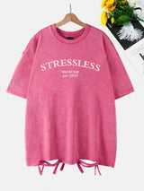 Stressless Letter Printing Washed T-Shirt Women Cottont Shirts O-Neck Oversized Acid Wash Short Sleeve Tops Casual Woman Clothes