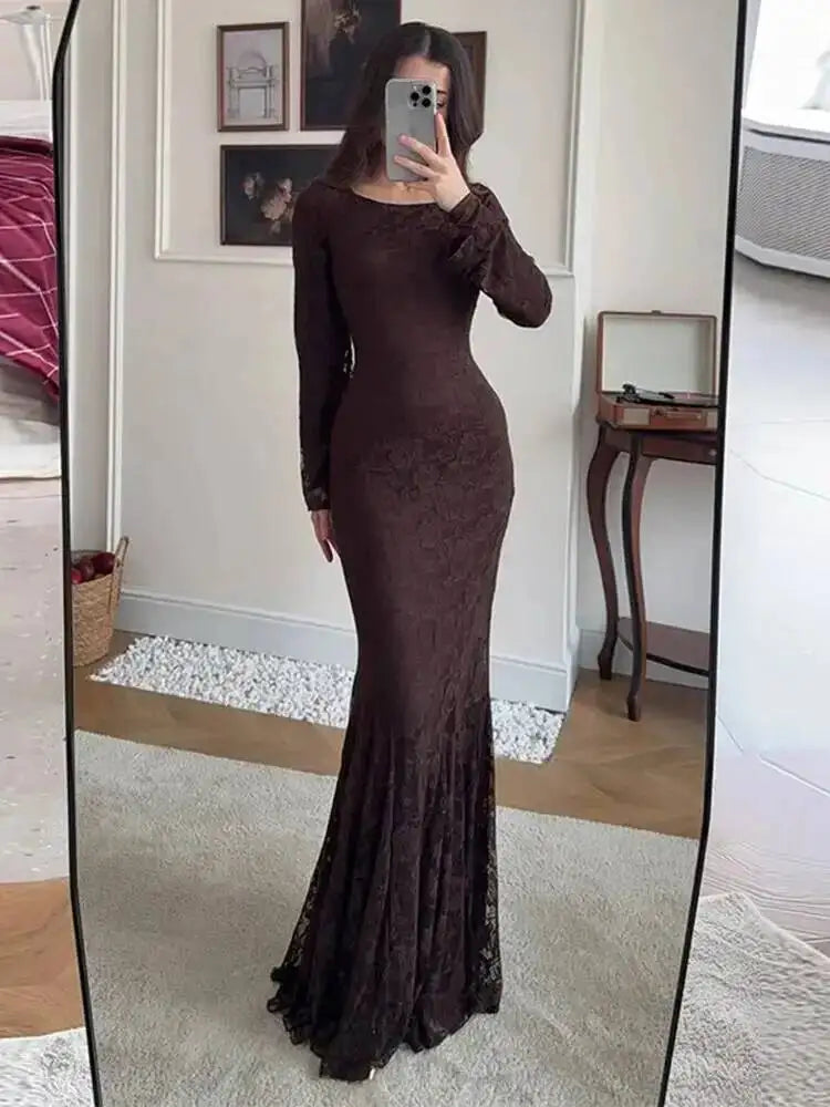 LGRQ 2026 New Elegant Round Neck Long Sleeved Waist Slimming Dress With Lace Shawl Temperament Women's Party Gown 19DB2591