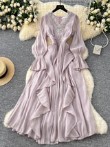 Spring Autumn Women Party Long Dress Elegant Female Red/Purple/Beige/Black Diamonds Patchwork Ruffle A-Line Maxi Vestidos New