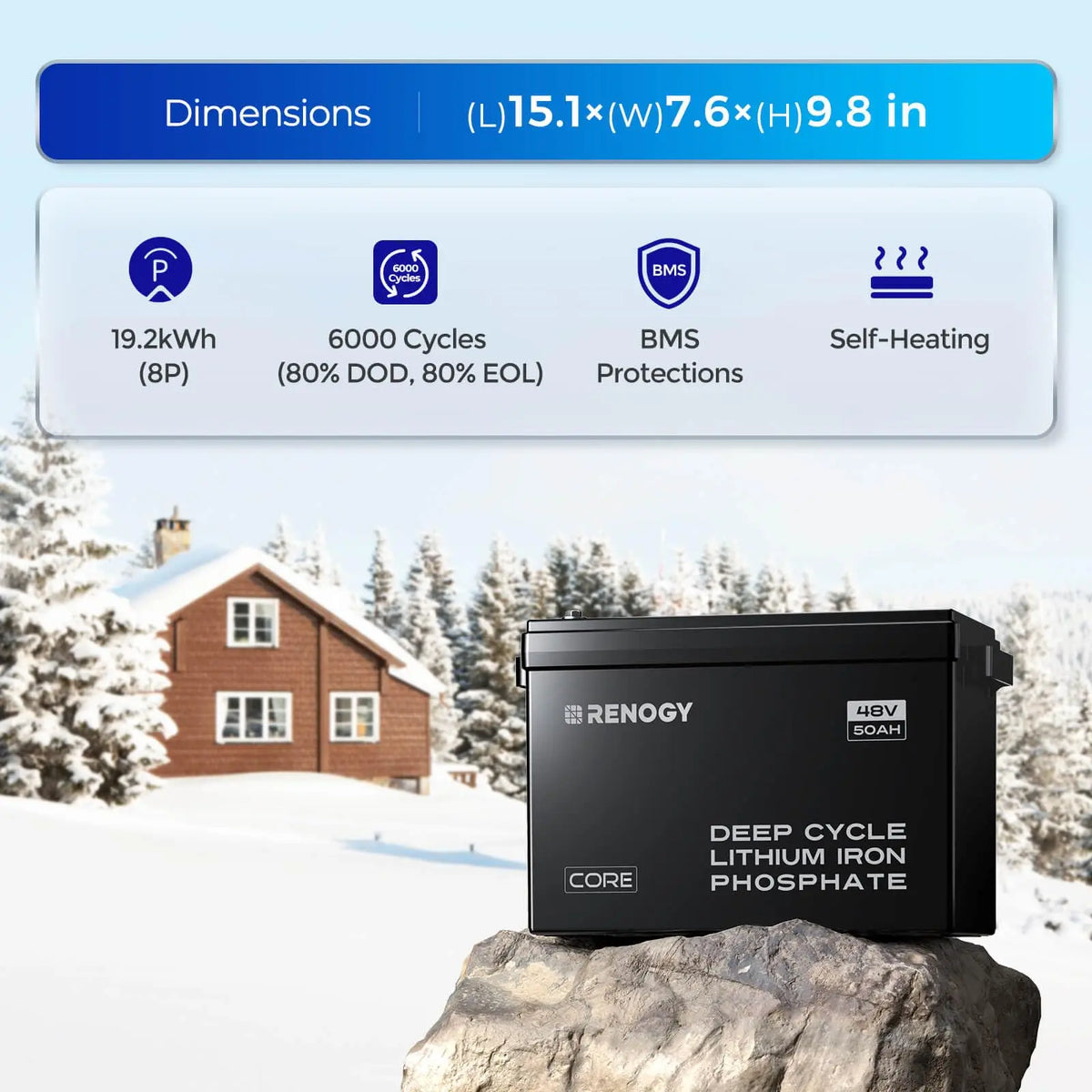 Renogy 48V 50Ah Smart Lithium Iron Phosphate Battery, More than 6000 Cycles, Intelligent Self-Heating, Expandable Power for RV