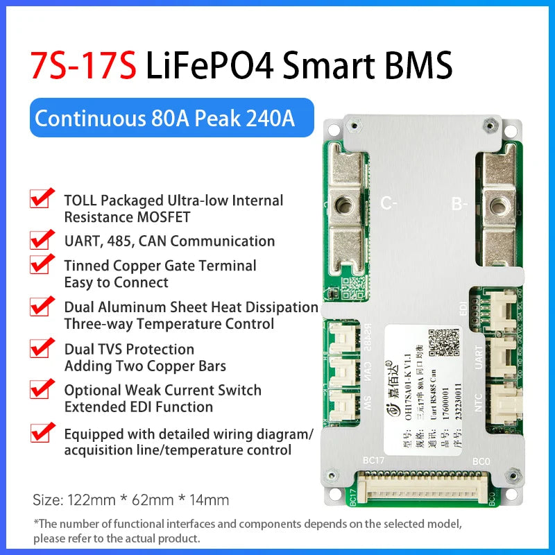 JBD OH17SA01 7S-17S 8S 24V 9S 10S 11S 13S 14S 36V 15S 16S 48V 40A-120A Smart BMS LiFePO4 Li-ion with UART RS485 CAN JR EDI