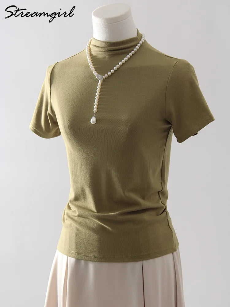 Modal Short Sleeve T Shirts Women Spring Summer 2025 Half Turtleneck White Top Tees For Ladies Slim Soft Women's Tshirts Basic