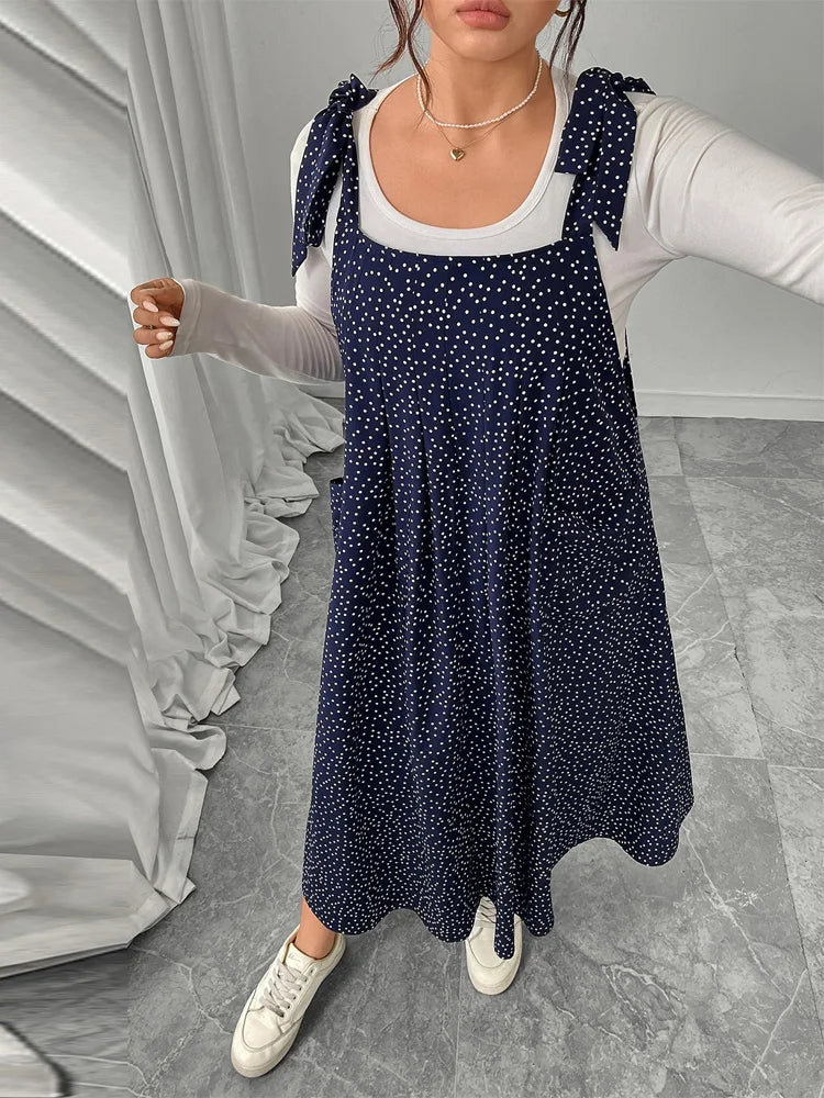 GIBSIE Plus Size Solid Tie Shoulder Overalls Dress For Women 2026 Summer Casual Loose Sleeveless Maxi Long Dresses with Pockets