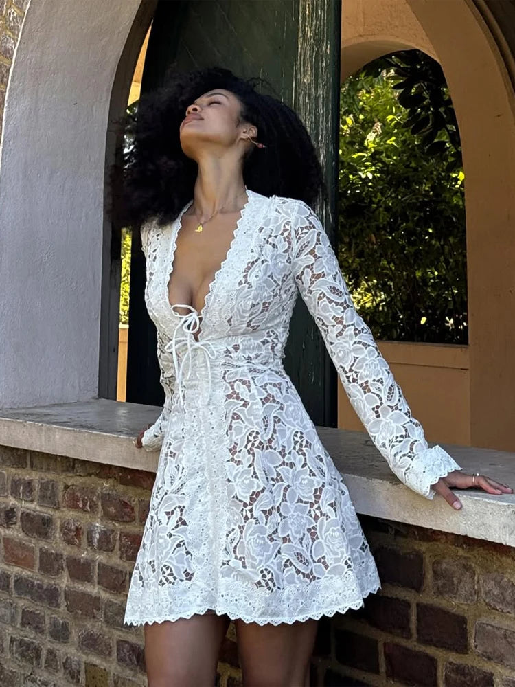 Elegant White Floral Lace Mini Dress Women Deep V Front Tie Flare Long Sleeve Slim A Line Dresses Summer Beach Vacation Gowns