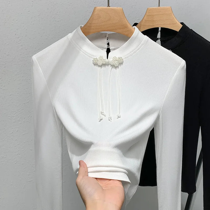 Women's Standing Collar Long Sleeved T-shirt with A Base, Chinese Style, Retro Button Top, New, Autumn and Winter