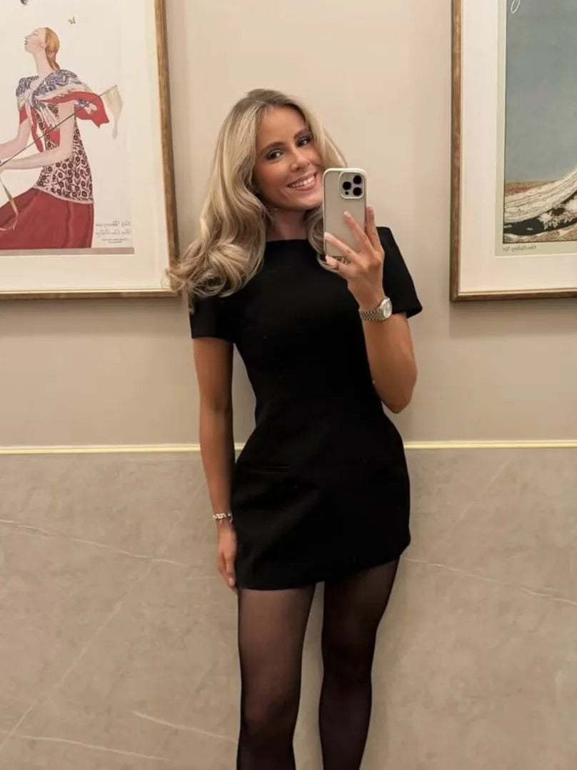Women's Causal Puff Sleeve Party Dresses Elegant Solid Pockets A-line Slim Zipper Mini Dress Ladies Office Club Evening Outfit