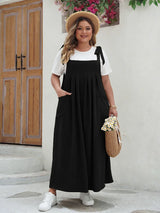 GIBSIE Plus Size Solid Tie Shoulder Overalls Dress For Women 2026 Summer Casual Loose Sleeveless Maxi Long Dresses with Pockets