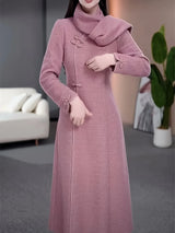 Women's Pink Cheongsam Style Woolen Dress Long Sleeve High Neck Elegant Winter Maxi Dress