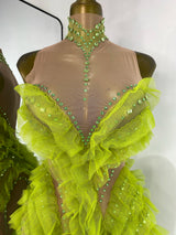 Women Luxury Green Prom Gowns Sleeveless Turtleneck Rhinestones Mesh Ruffles Transparent Maxi Long Evening Party Stage Costumes
