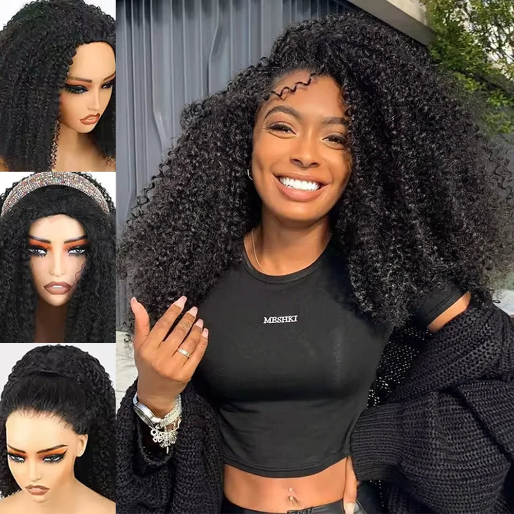 Remy Human hair Wigs Kinky Curly Headband Wig Upgrade 3 IN 1 Half Wig With Drawstring Seamless Clip In Hair Wigs 200 Density