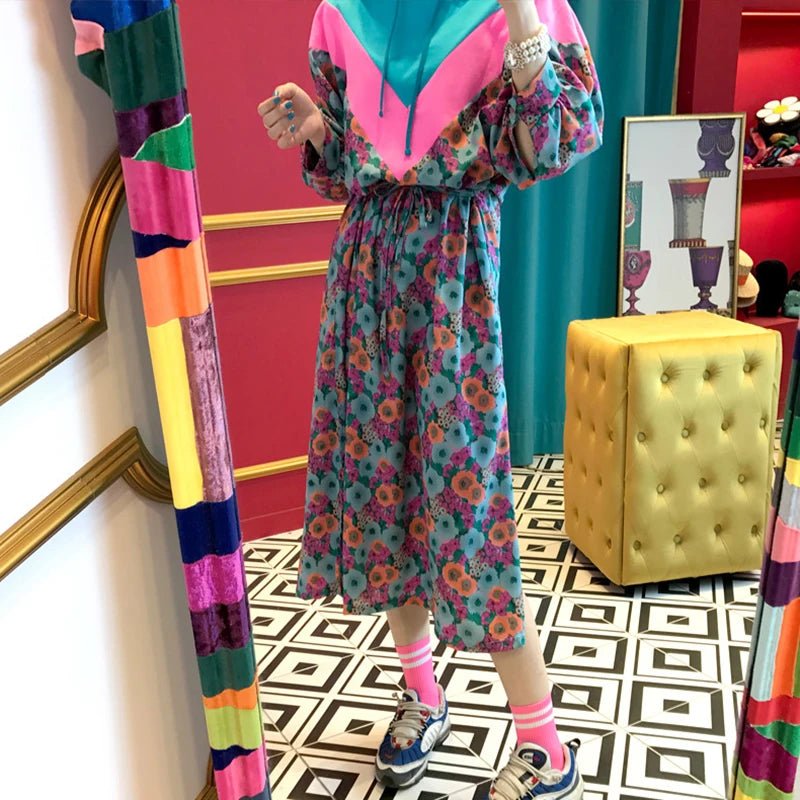 Chic Retro Floral Print Long Hoodie Dress Women's High Waist Belted Color Block Sweatshirt Style Dress City Commute Autumn