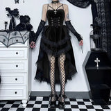 Gothic Low Swing Cocktail Party Dress Women's Vintage Goth Lace Smocked Elastic Waist Pleated Flowy Bodycon Dresses