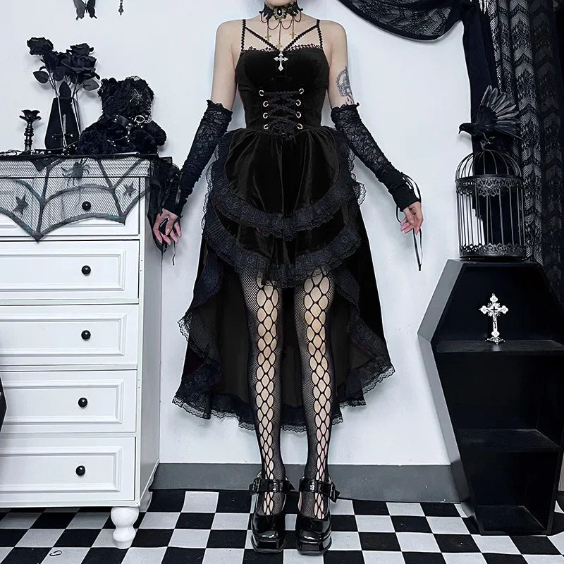 Gothic Low Swing Cocktail Party Dress Women's Vintage Goth Lace Smocked Elastic Waist Pleated Flowy Bodycon Dresses