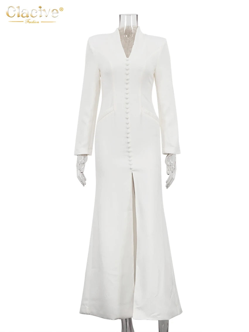Clacive Sexy Slim White Women's Dress 2025 Fashion V-Neck Long Sleeve Ankle Length Dresses Elegant Classic Slit Female Dress