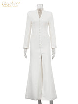 Clacive Sexy Slim White Women's Dress 2025 Fashion V-Neck Long Sleeve Ankle Length Dresses Elegant Classic Slit Female Dress
