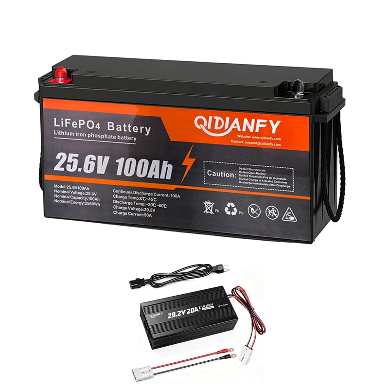 Qidianfy 25.6V 100/200Ah LiFePO4 Lithium Iron Phosphate Battery Built-in 100A BMS 2560Wh Capacity RV Solar Off-grid Storage Fishing