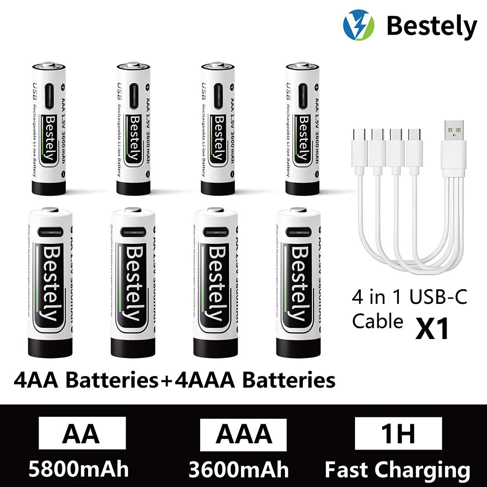 AA AAA Battery 1.5V 5800mAh and 3600mAh Lithium Rechargeable Batteries Fast Charging Li-ion Battery 2000 Cycles Type-C Cable