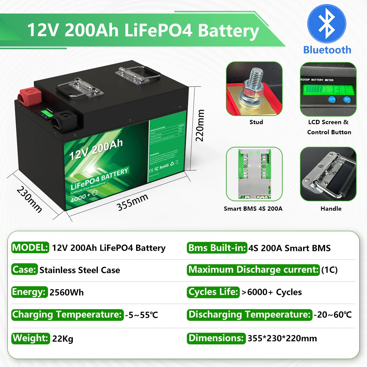 24V 100Ah LiFePO4 Battery 2.56Kwh 6000+ Cycles Bluetooth Smart BMS 25.6V 200Ah 300Ah For Solar RV Marine Trolling Motor Off Grid