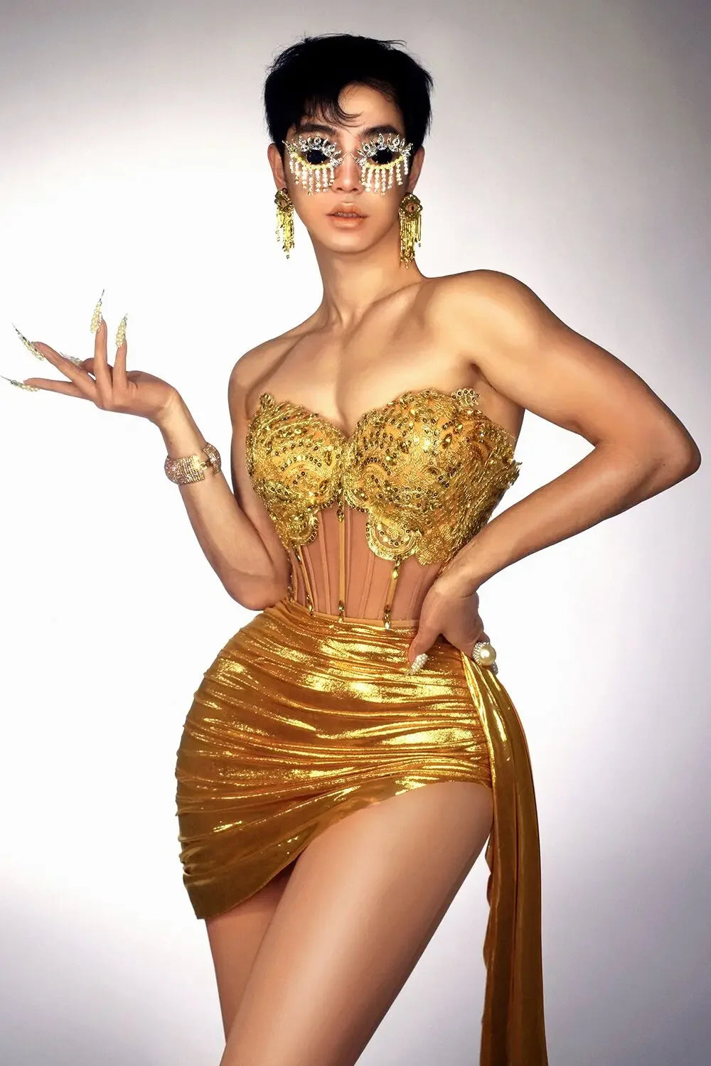 Gold Color Women Sexy 2 Pieces Strapless Bodycon Mini Dress Bar Singer Nightclub Party Celebrate Birthday Dress Wholesale