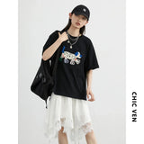 CHIC VEN Women T-Shirts Loose Streetwear Unisex Fun Dog Embroidered Short Sleeve Cotton Girl Tees Female Top Summer 2025