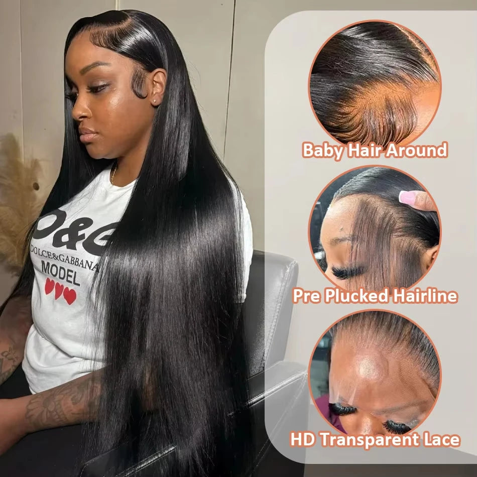 220% Hd Transparent 360 Full Lace Front Wig 40 Inch Pre Plucked Brazilian 13x6 Hd Lace Frontal Wig Bone Straight Human Hair Wigs