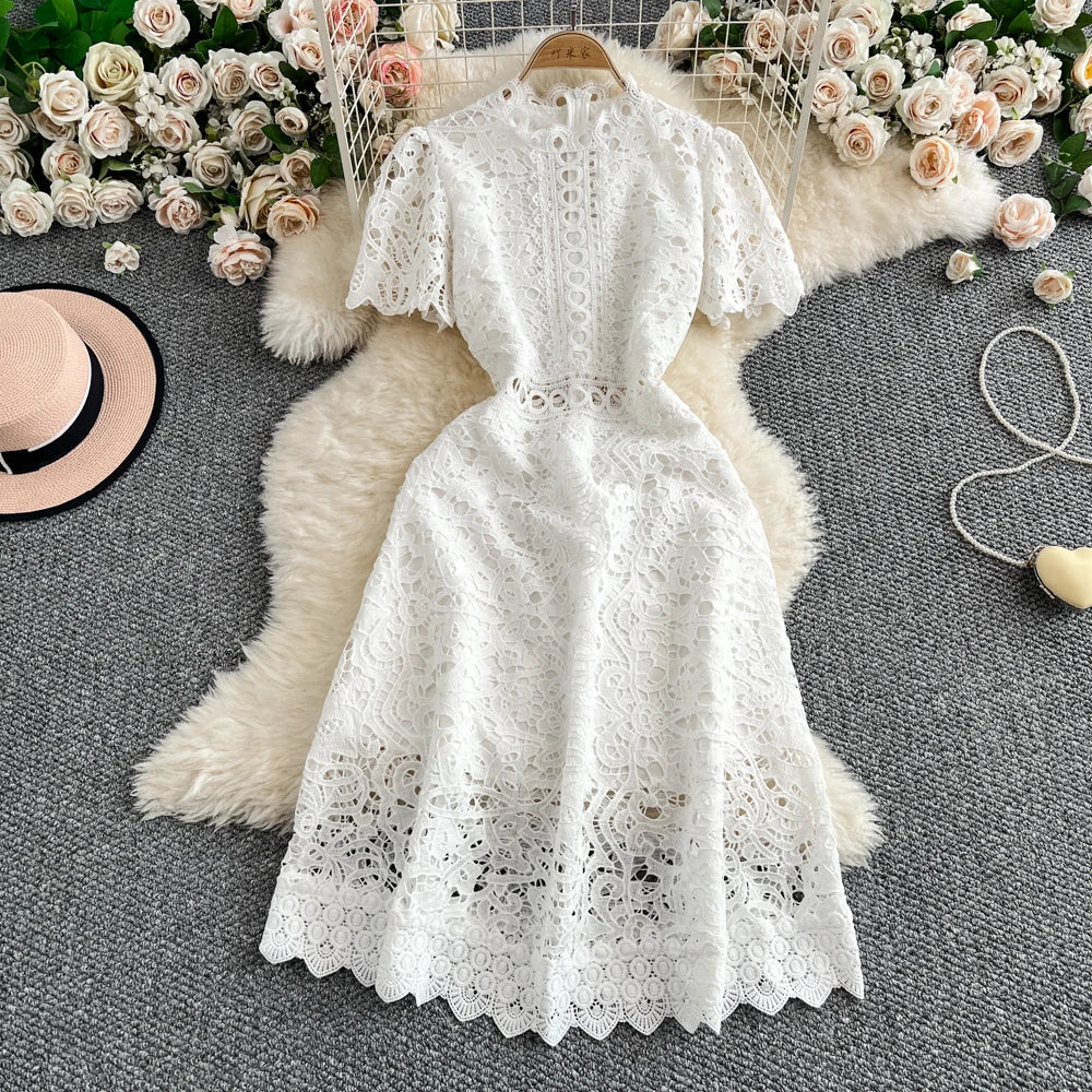 Slimming ort Sve Hollow out Waist-Cinched Hook-Design Dres Women's Faionable New Arrival Spring Summer Korean Sle
