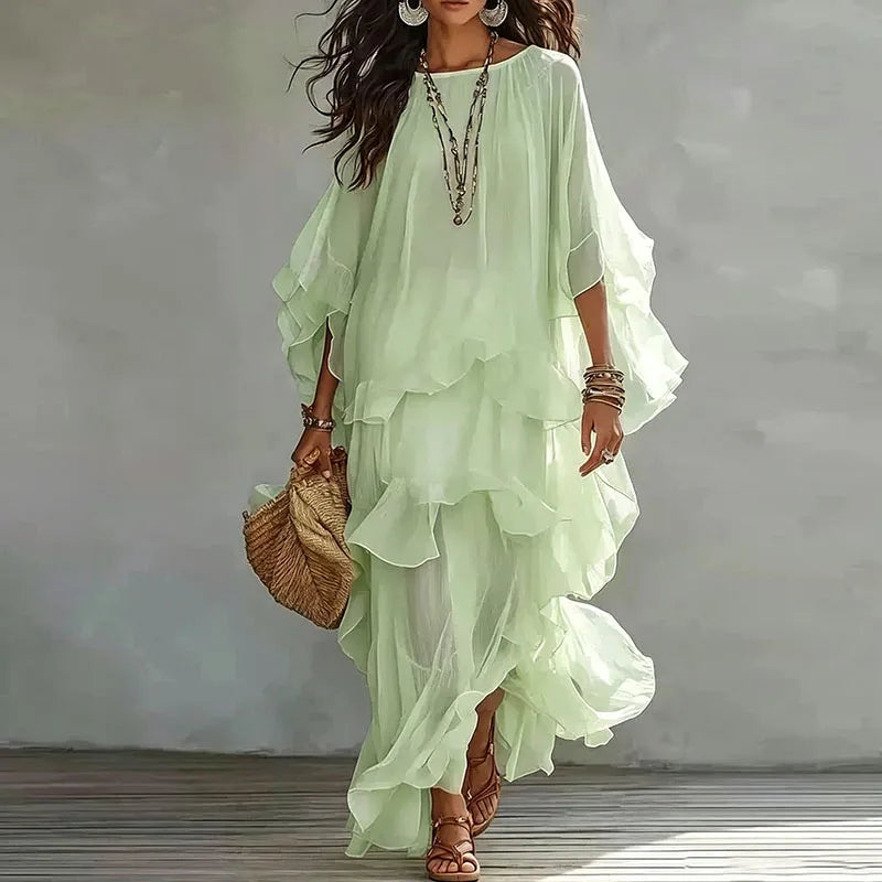 Vintage Solid Tiered Ruffle Mesh Dress Women Crew Neck Loose Batwing Sleeve Sheer Maxi Dress Elegant Holiday Travel Casual Dress