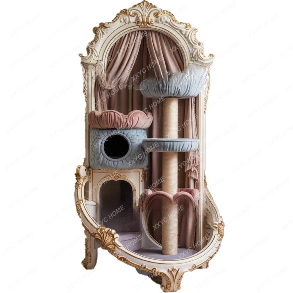 AASolid Wood Carving Flower Painted Gold Cat Cage Villa Luxury Kitten Mansion