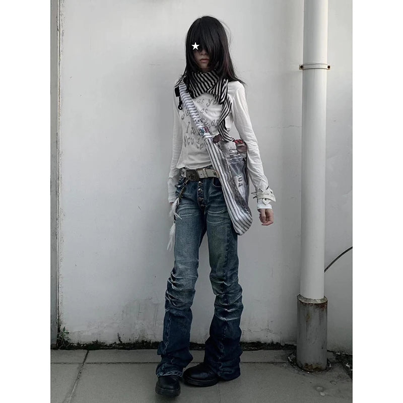 2024 Washed Distressed Micro-flared Jeans for Women Stylish High Street Straight Jeans Harajuku Style Hip Hop Y2k Blue Trousers