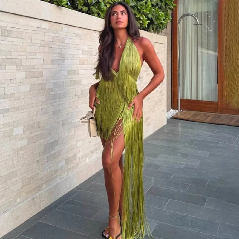 Women Halter Deep V Fringe Dress Backless Sleeveless Tassel Asymmetrical Hem Party Gown Nightclub Evening Summer Dresses 2026