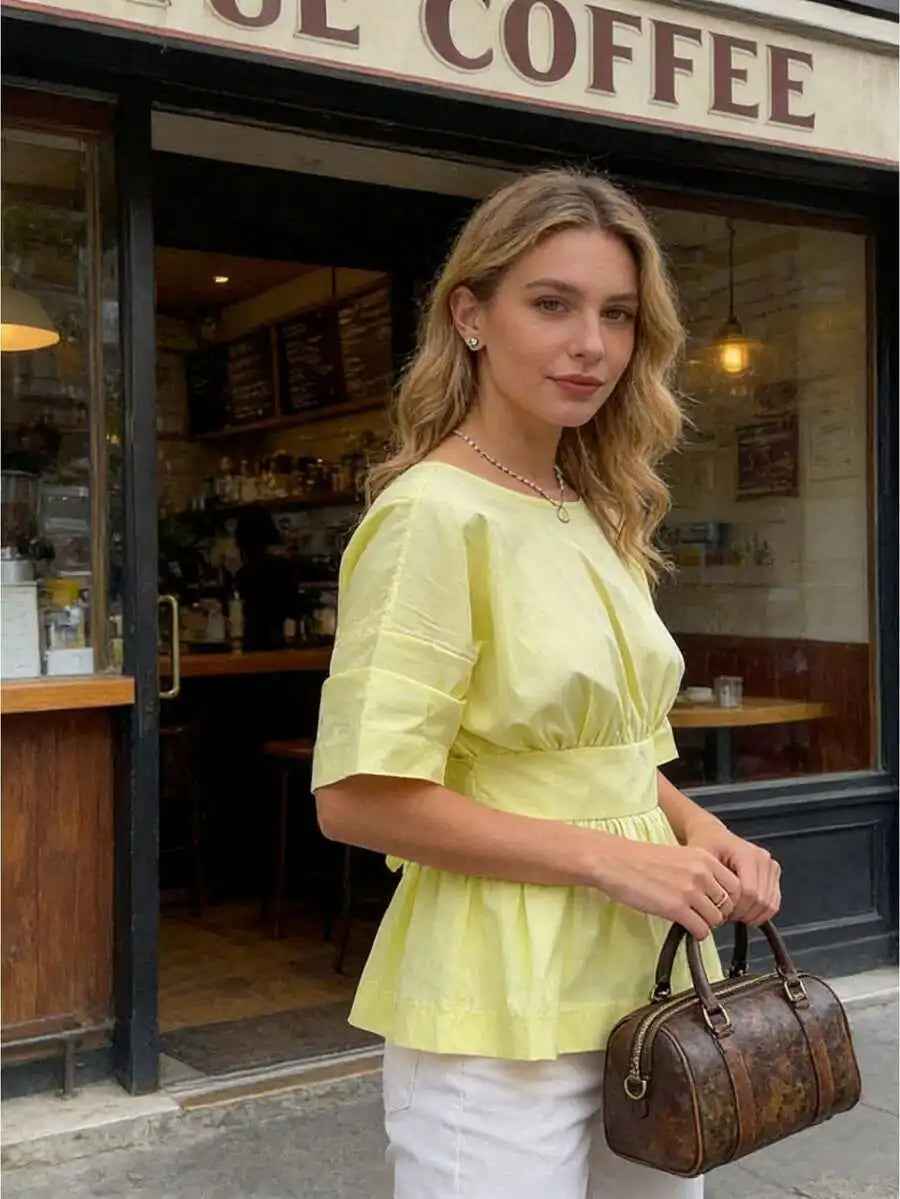 Womens Summer Peplum Top Casual Solid Color Backless Loose Hem Bow Crew Neck Elbow Sleeve Blouse