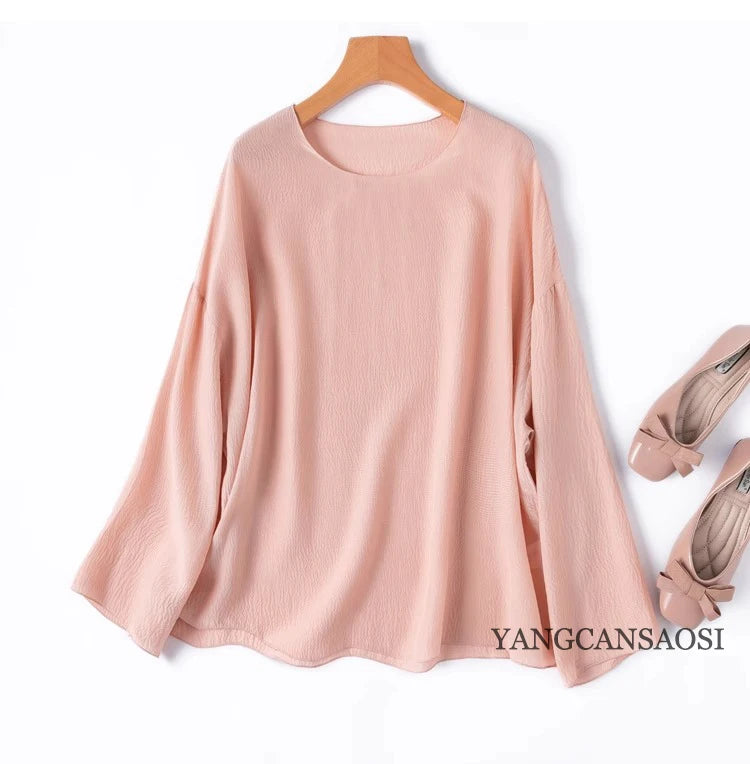 2025 Women's Leisure Summer New 100% Natural Mulberry Silk Bubble Crepe Long Sleeve Air Feel Loose Round Neck Solid T-shirt