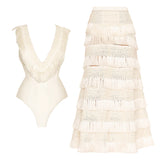 2Pcs Tassel Swimsuit Women 2025 Sexy Swimwear With Skirt Solid Bikini Halter Bathingsuit Female Bodysuit Beachwear Cover Up
