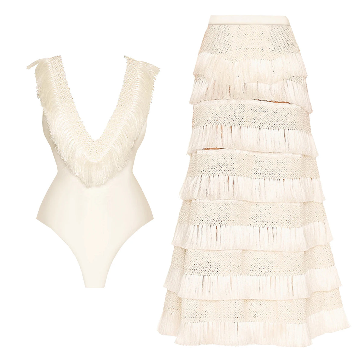 2Pcs Tassel Swimsuit Women 2025 Sexy Swimwear With Skirt Solid Bikini Halter Bathingsuit Female Bodysuit Beachwear Cover Up