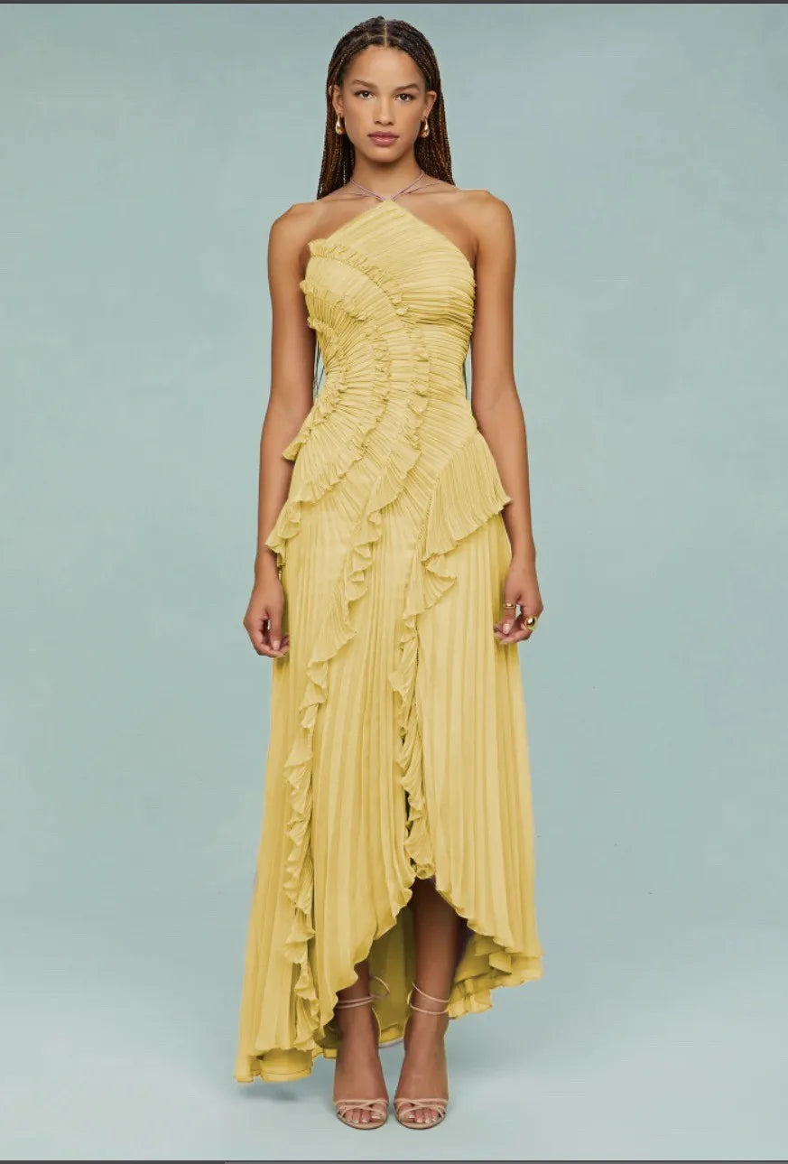 QMQA Fashion Women's Ruched Halter Strapless Backless Dresses Folds Irregular Spliced Ruffles Solid Elegant Dress 2026 New M1032