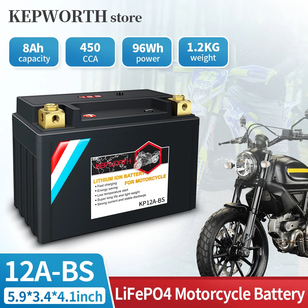 12A-BS ‎LiFePO4 Motorcycle Battery 12V 8Ah 450cca Powersports Battery Replacement for YTX12A-BS, ‎BT12A-BS, TR 78-1320, ATX12A