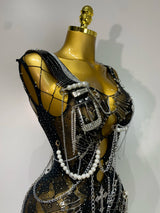 Fashion Chain Decoration Short Party Dress Luxury Women Sexy Hollow Out Nightclub Outfit Performance Singer Dancer Costume