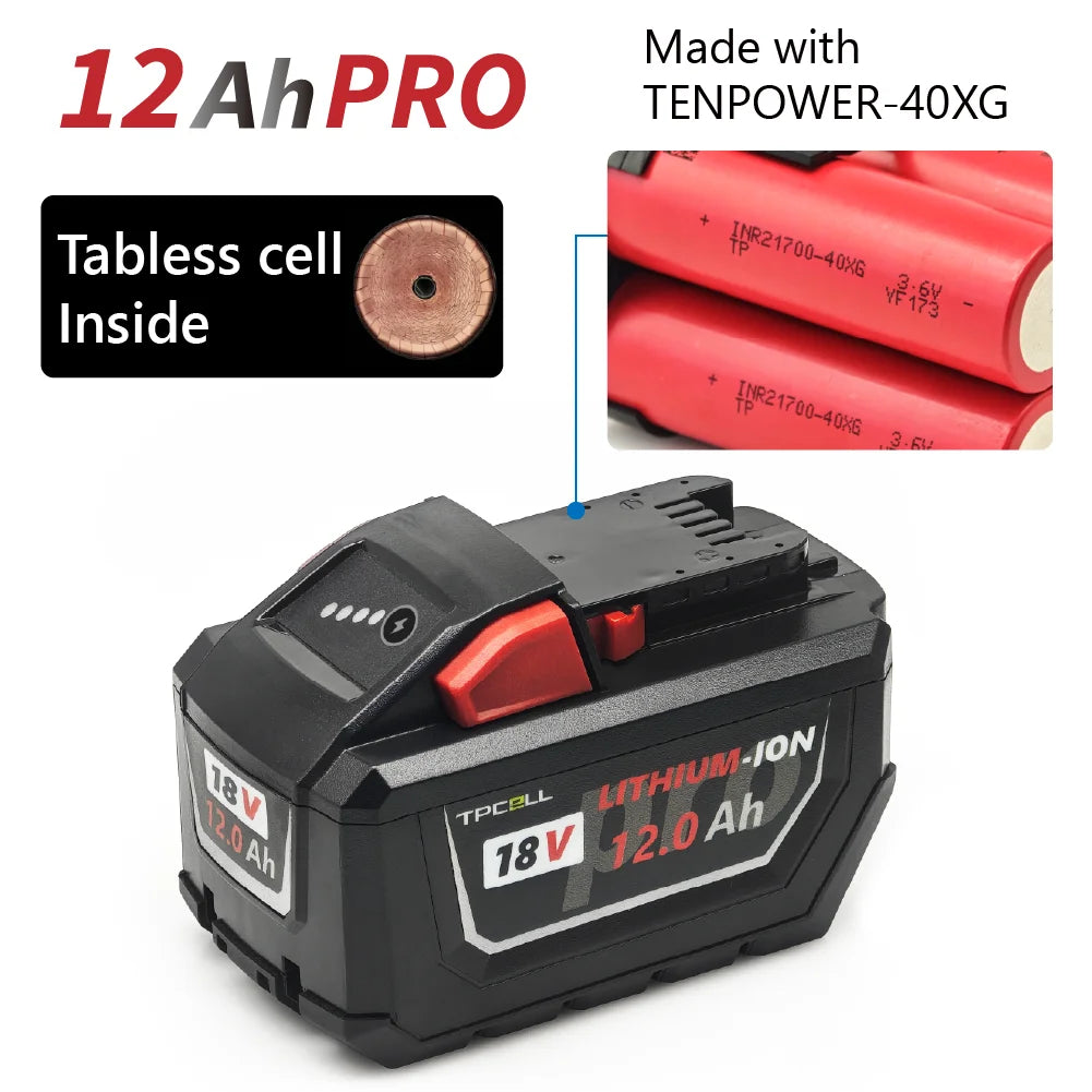 TPCELL 12AH/15AH For M.18 Tabless 21700 18V Professional Battery Li-ion Replacement High Output