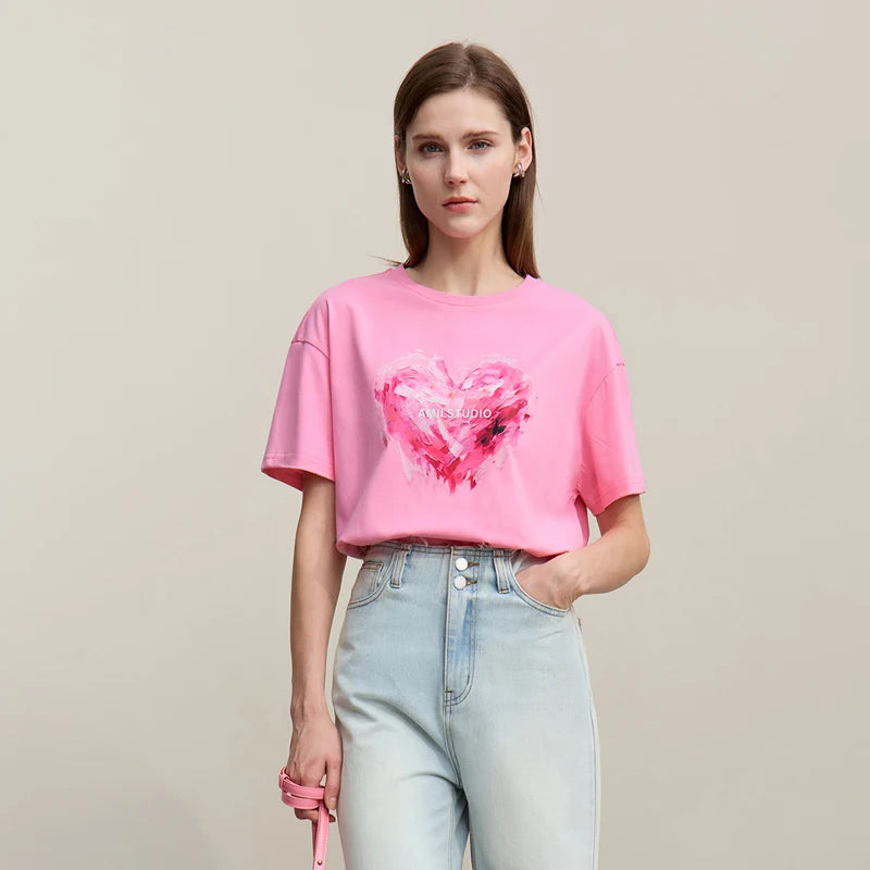 Amii Woman T-shirts 2026 Summer Anti-Bacterial Loose Fit Round Neck Tee Heart Print Cotton Casual Knit Short Sleeve Top 12622026