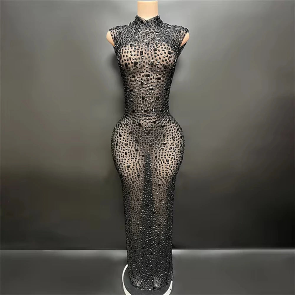 Sparkly Rhinestone Sleeveless Stretchy Mesh See Through Long Dress Women Luxury Evening Prom Gown Singer Dancer Show Stage Wear