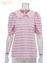 Clacive Summer Loose Stripe Print Women's T-Shirt 2026 Fashion Lapel Short Sleeve T Shirts Elegant Classic Top Female Clothing