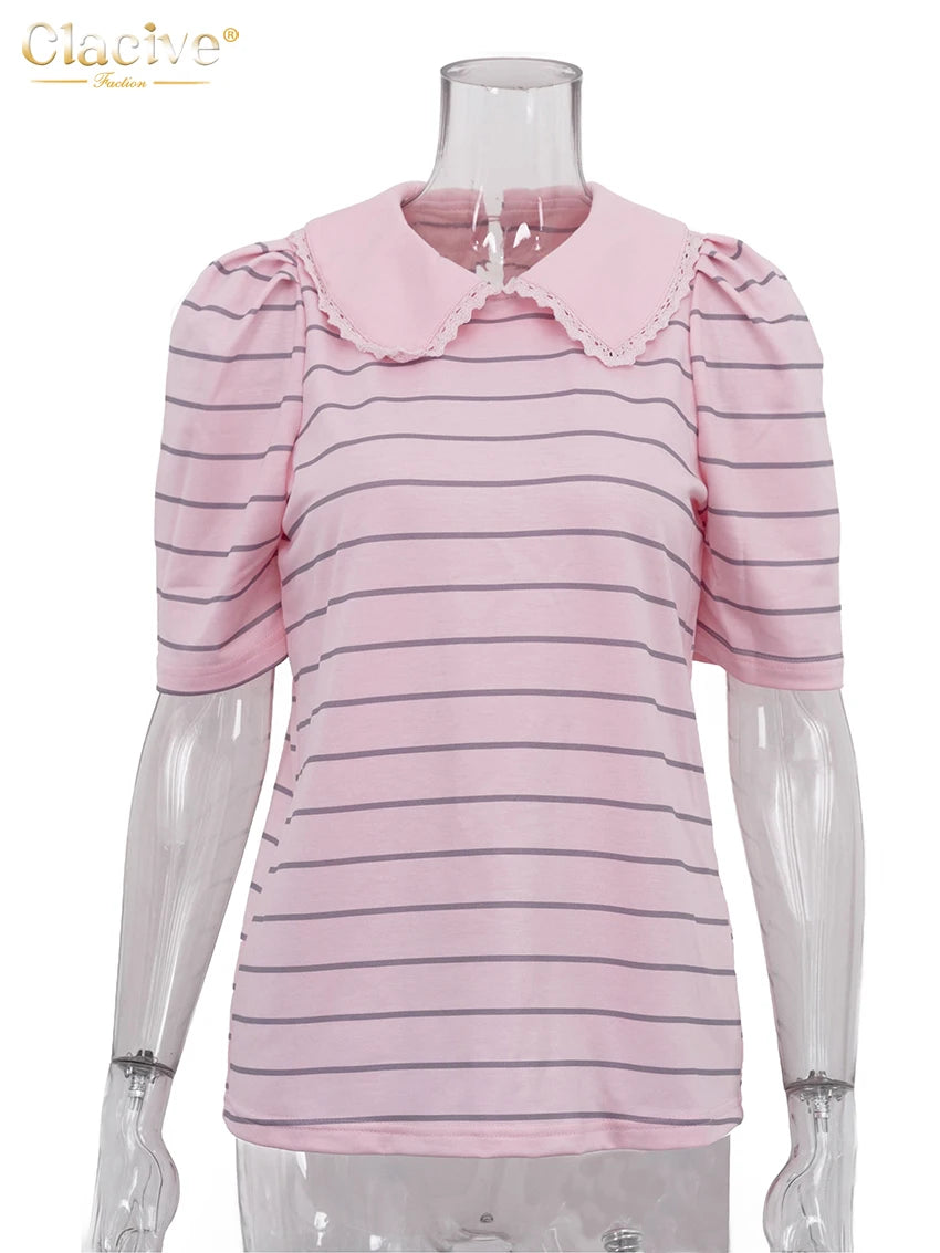 Clacive Summer Loose Stripe Print Women's T-Shirt 2026 Fashion Lapel Short Sleeve T Shirts Elegant Classic Top Female Clothing