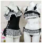 Sweet Cute Hot Girl Sexy Suspender Swimsuit Summer Casual Plaid Bow V Neck Lace Pleated Vacation Beach Black Bikinis Set Women