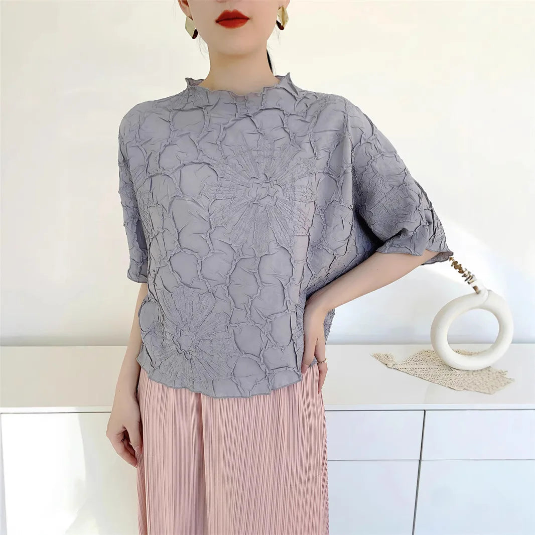 Miyake Pleated Top Women 2025 New Solid Color Embroidered Round Neck Bat Sleeve Comfortable Casual Versatile T-shirt for Women